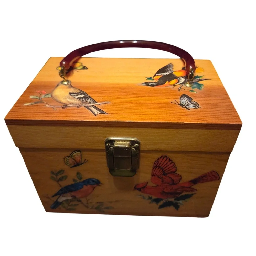 Vintage Wooden Box Purse Brown Bird Butterfly Lucite Handle Mid-Century